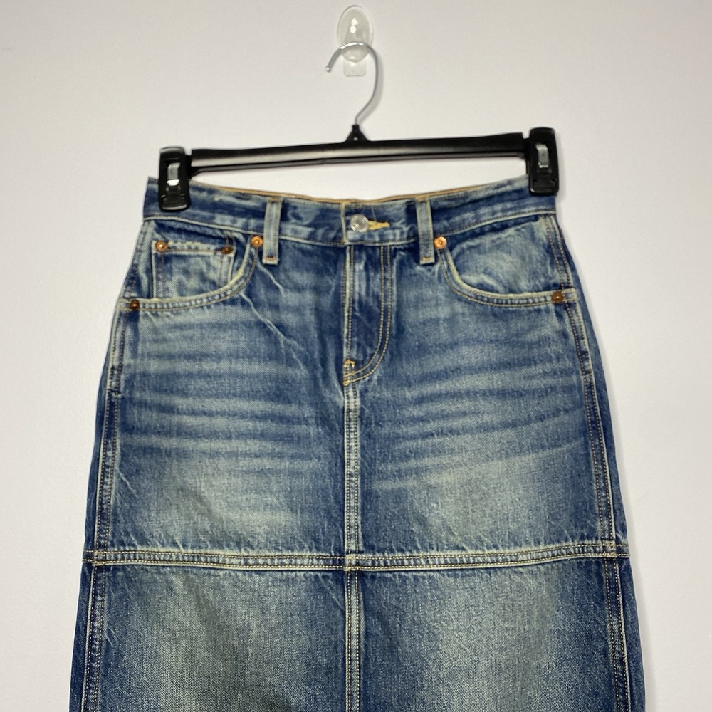 RE/DONE Mid Rise Split Jean Maxi Skirt Women's 23 Herbal Tint Frayed Hem - Picture 6 of 16